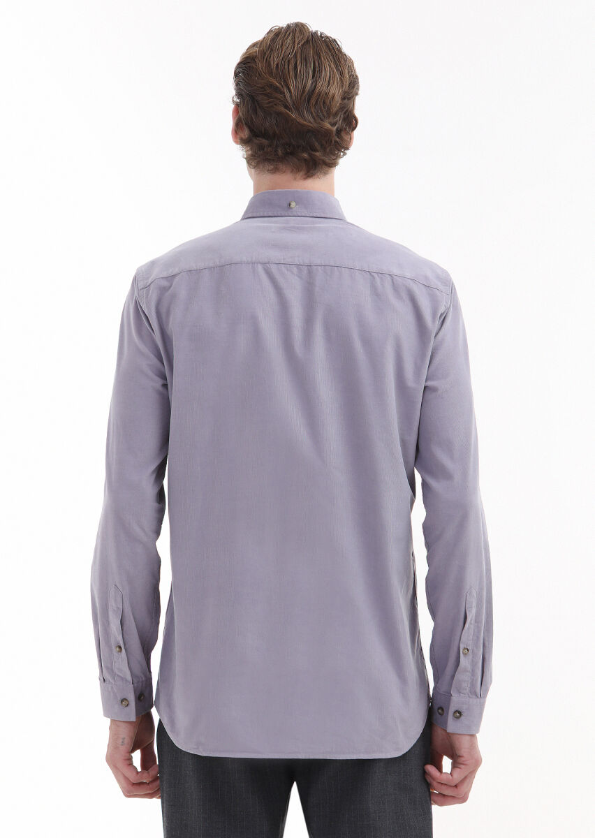 Purple Ribbed Regular Fit Long Weaving Casual 100% Cotton Shirt - 3