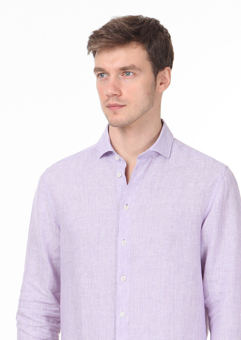 Purple Striped Regular Fit Long Weaving Casual 100% Cotton Shirt - 3