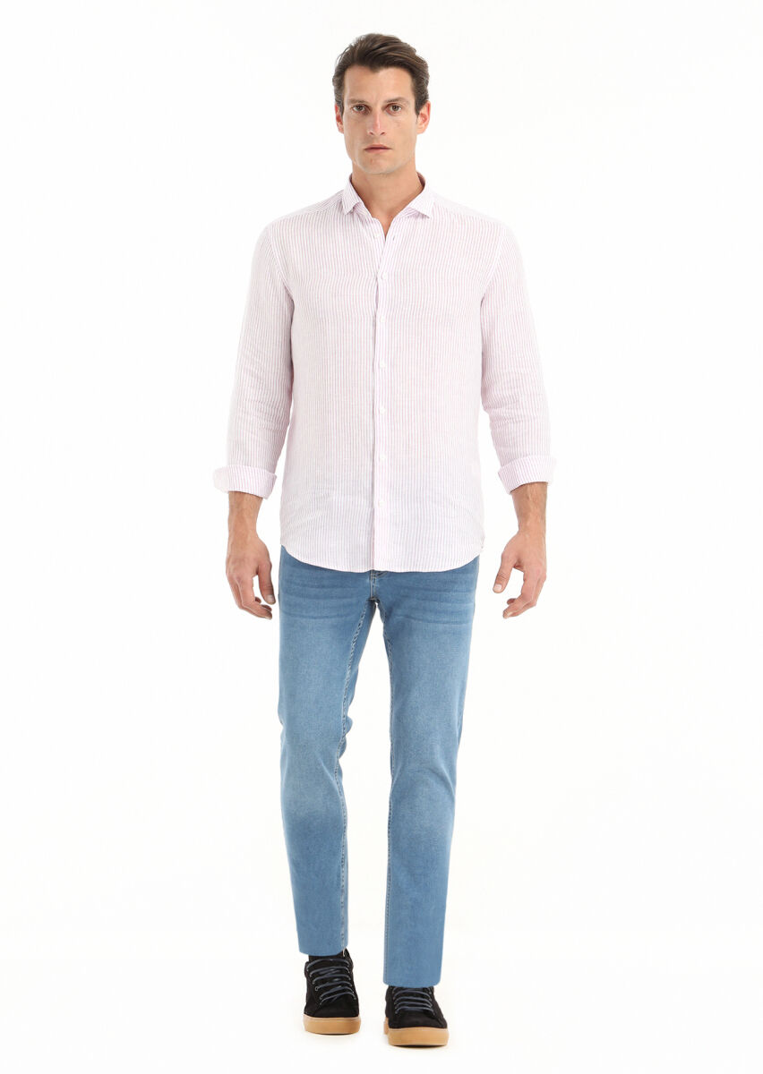Purple Striped Regular Fit Long Weaving Casual 100% Linen Shirt - 1