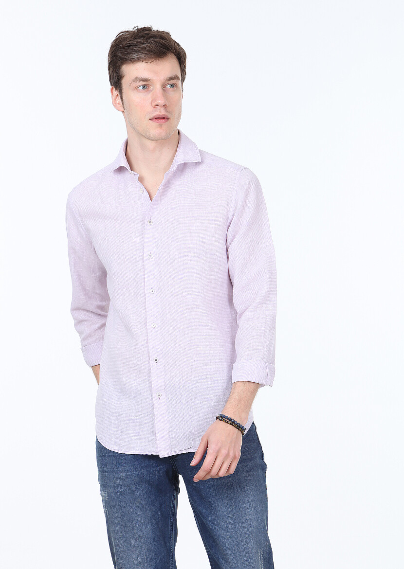 Purple Striped Regular Fit Long Weaving Casual Cotton Blended Shirt - 1