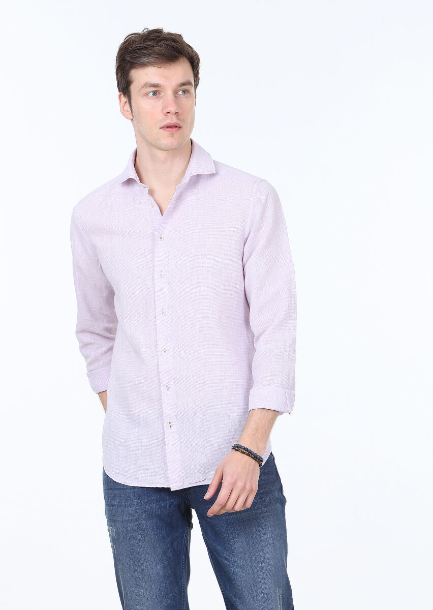 Purple Striped Regular Fit Long Weaving Casual Cotton Blended Shirt - 1