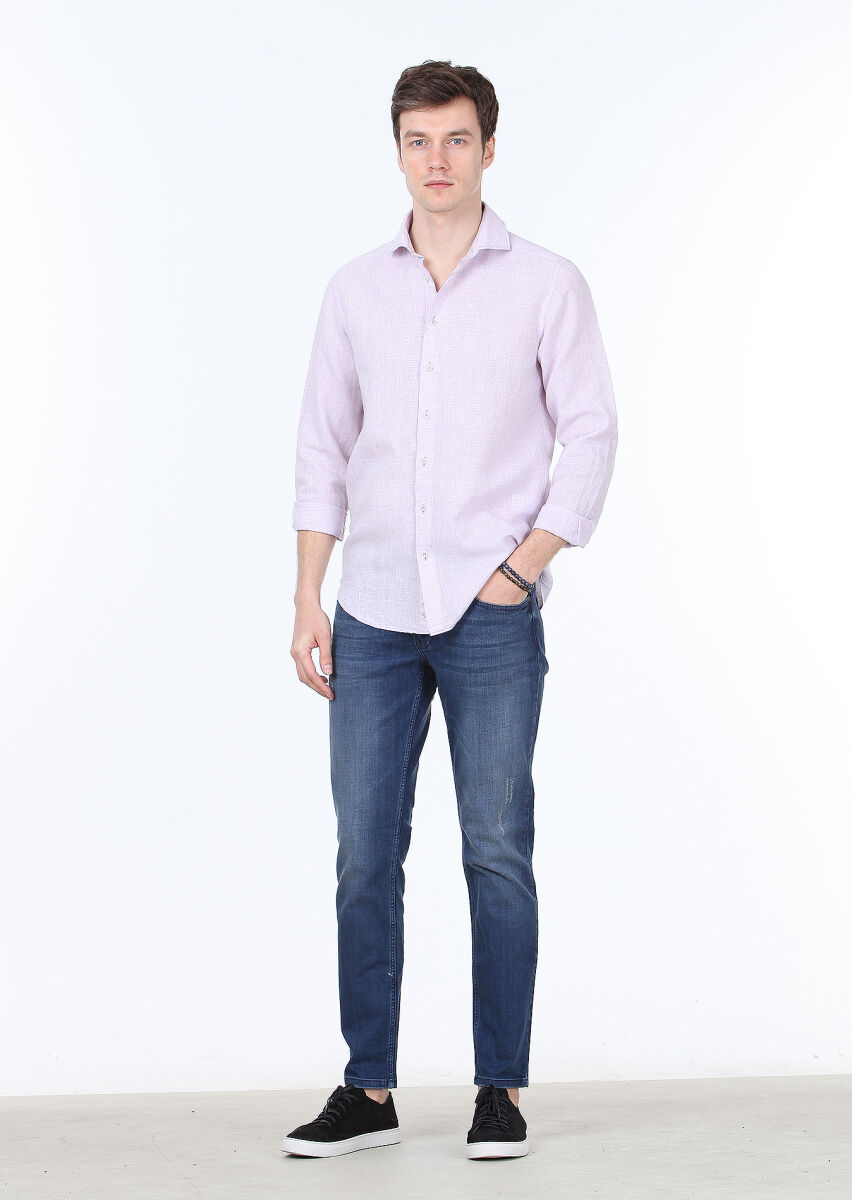 Purple Striped Regular Fit Long Weaving Casual Cotton Blended Shirt - 2