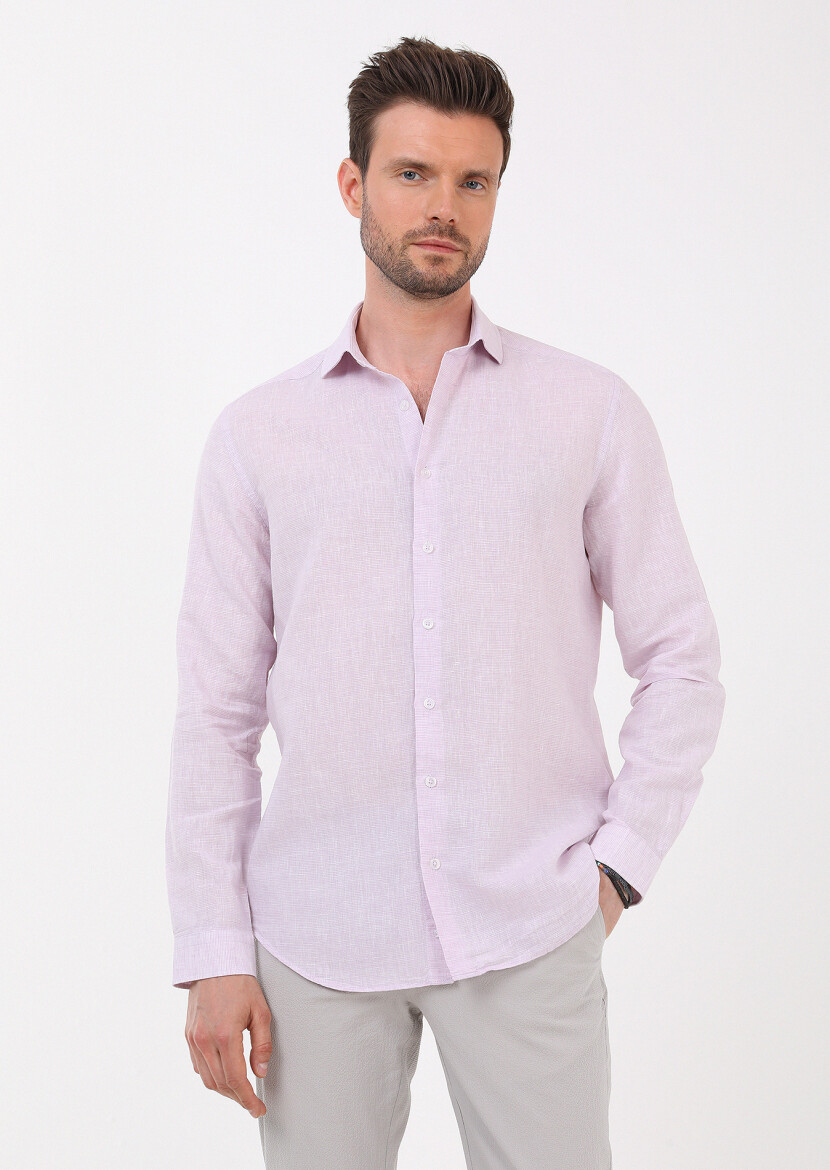 Purple Striped Regular Fit Long Weaving Casual Cotton Blended Shirt - 1