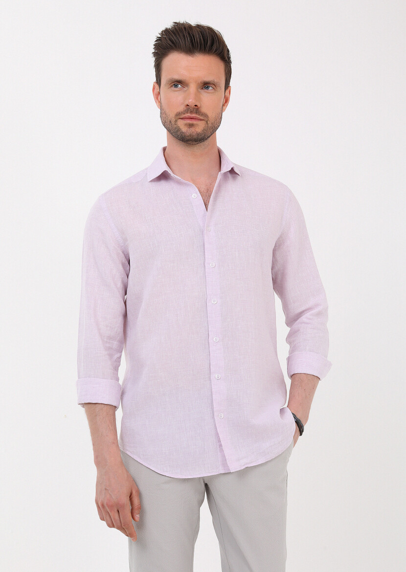 Purple Striped Regular Fit Long Weaving Casual Cotton Blended Shirt 