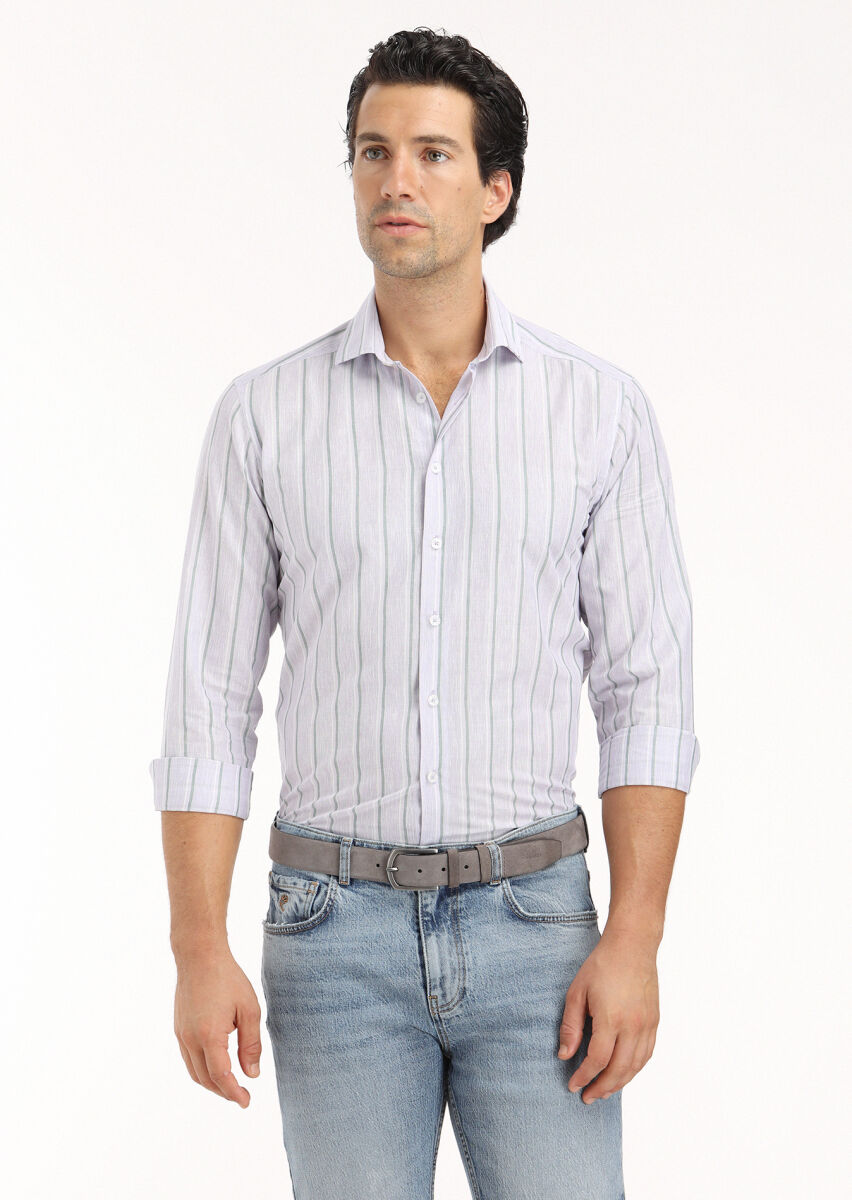 Purple Striped Regular Fit Long Weaving Casual Cotton Blended Shirt - 3