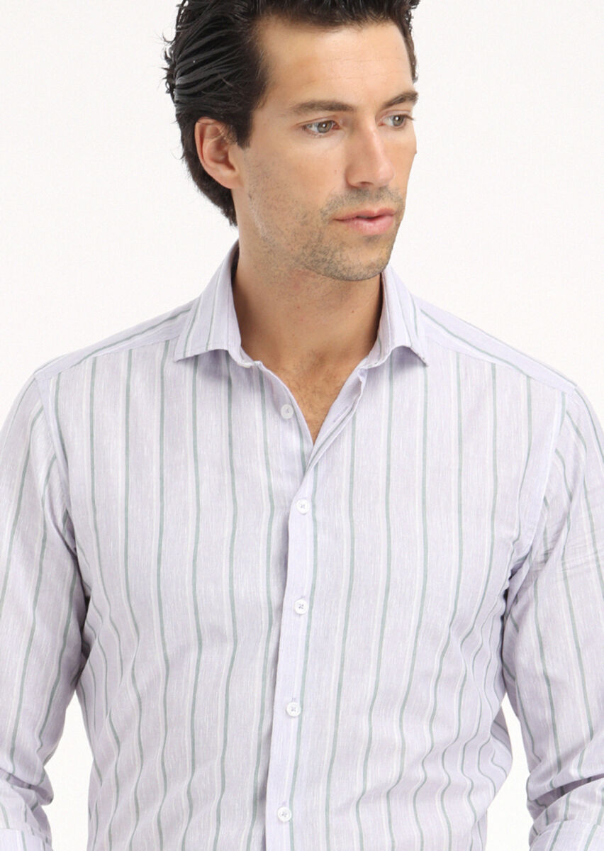 Purple Striped Regular Fit Long Weaving Casual Cotton Blended Shirt - 4