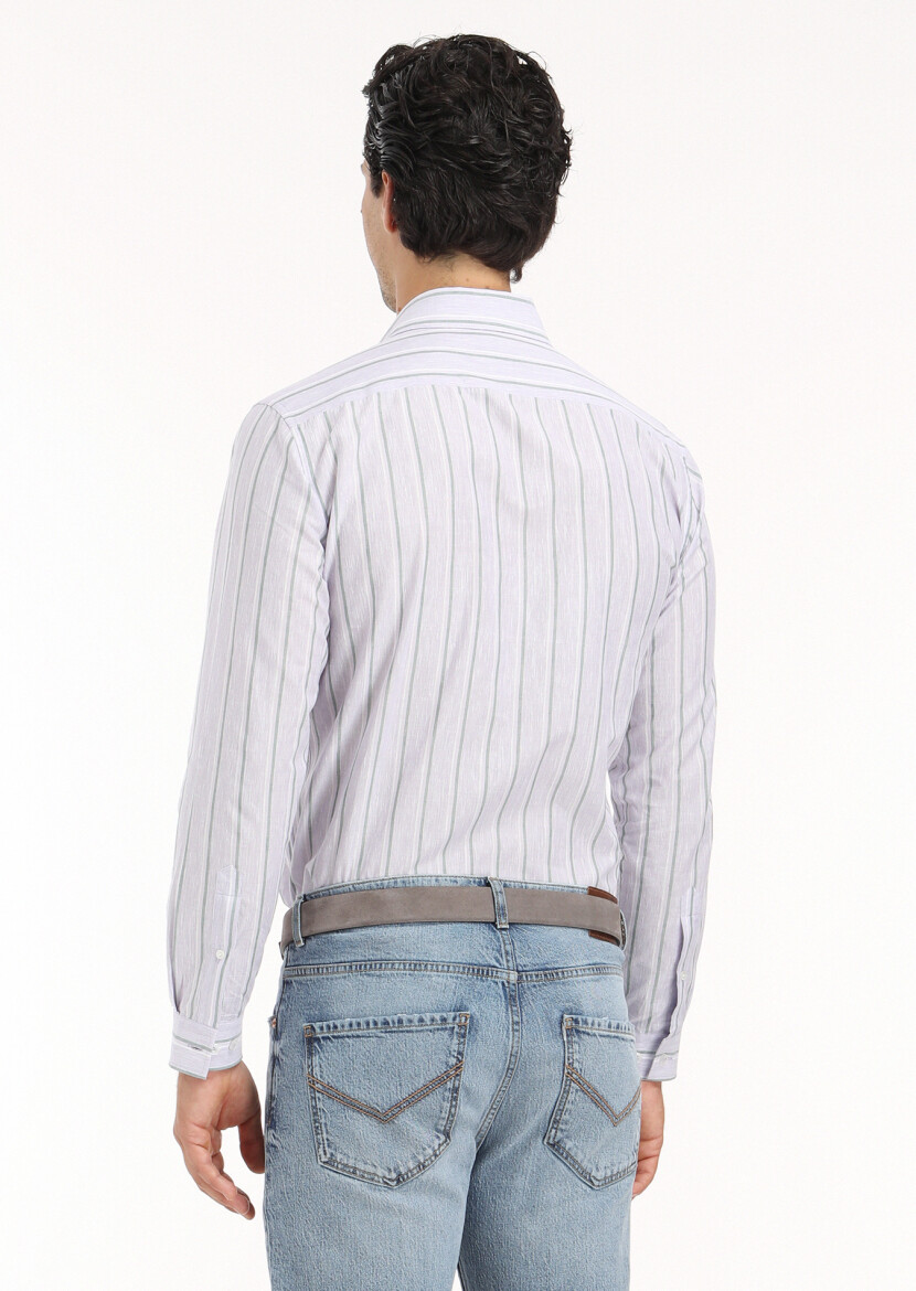 Purple Striped Regular Fit Long Weaving Casual Cotton Blended Shirt - 6