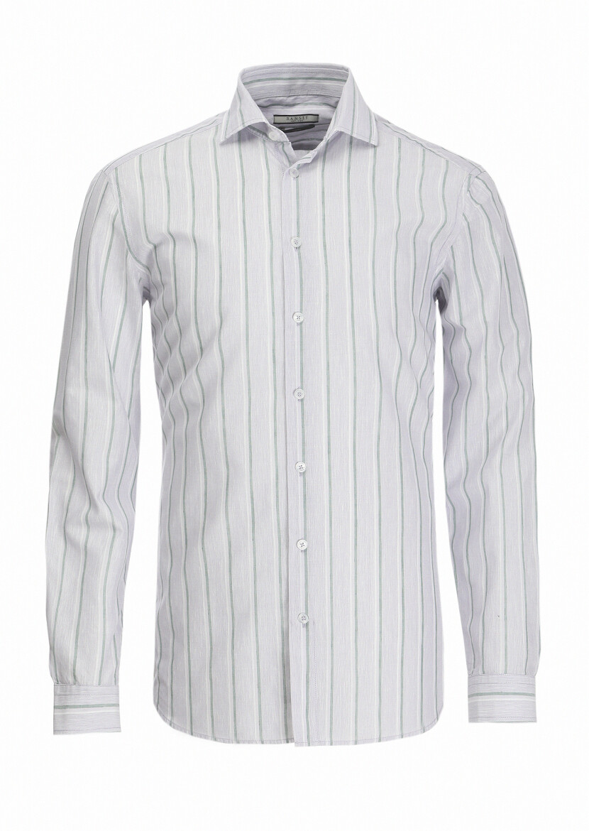 Purple Striped Regular Fit Long Weaving Casual Cotton Blended Shirt - 7