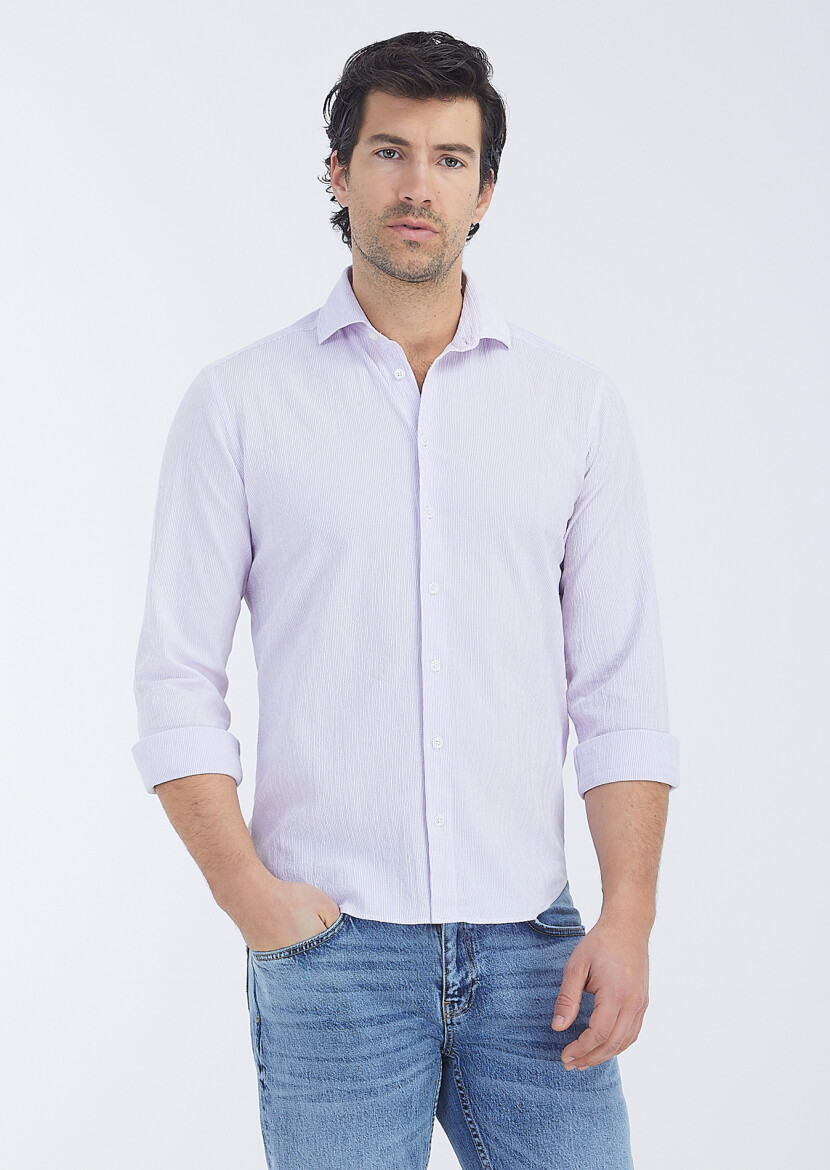 Purple Striped Regular Fit Long Weaving Casual Cotton Blended Shirt - 2