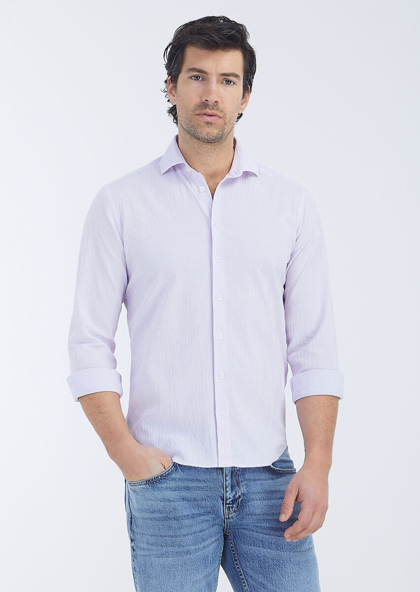 Purple Striped Regular Fit Long Weaving Casual Cotton Blended Shirt - 2