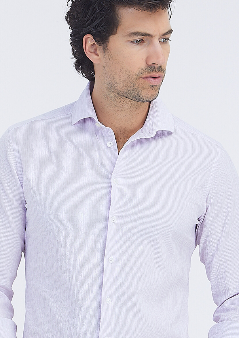 Purple Striped Regular Fit Long Weaving Casual Cotton Blended Shirt - 3