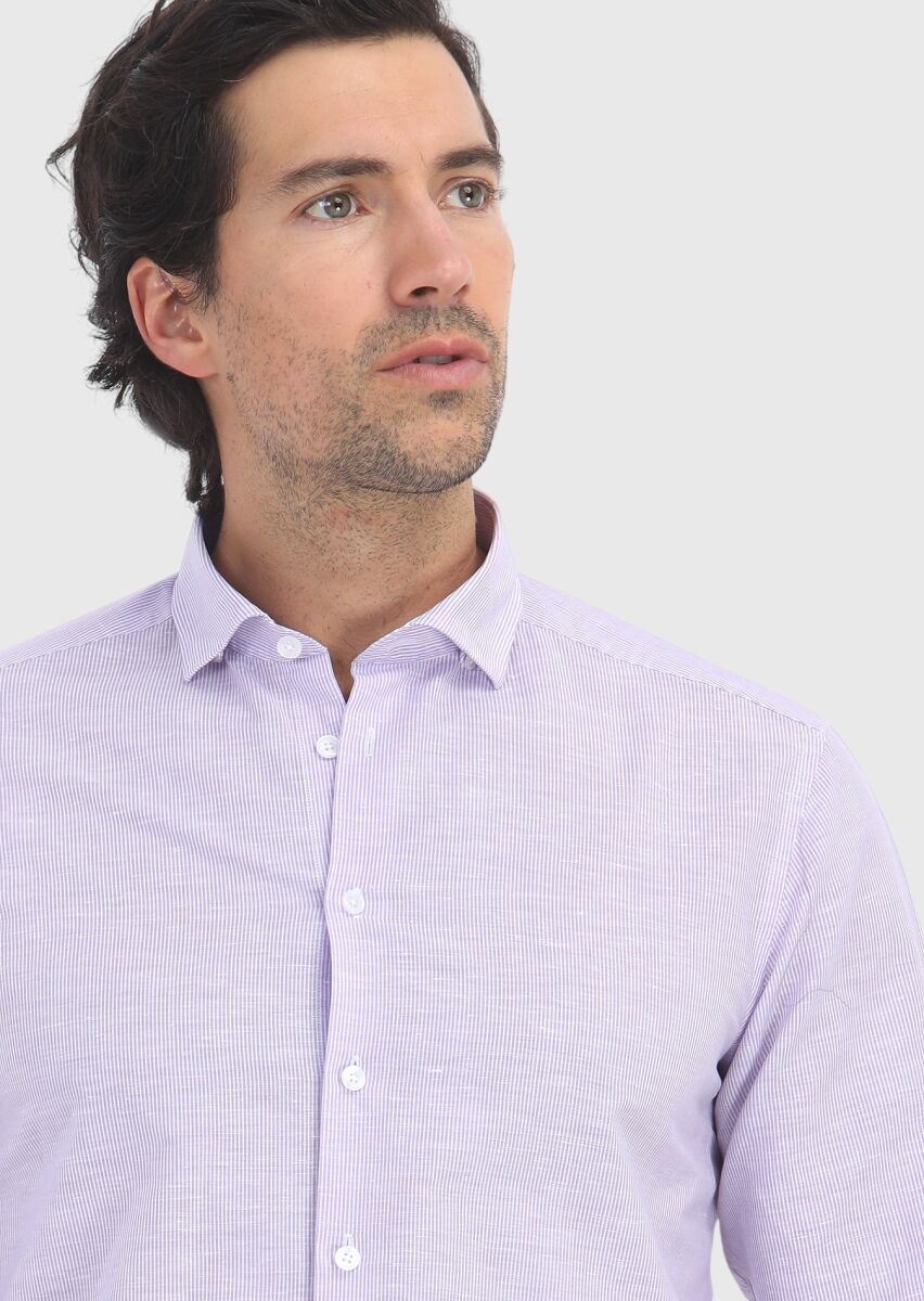 Purple Striped Regular Fit Long Weaving Casual Cotton Blended Shirt - 3