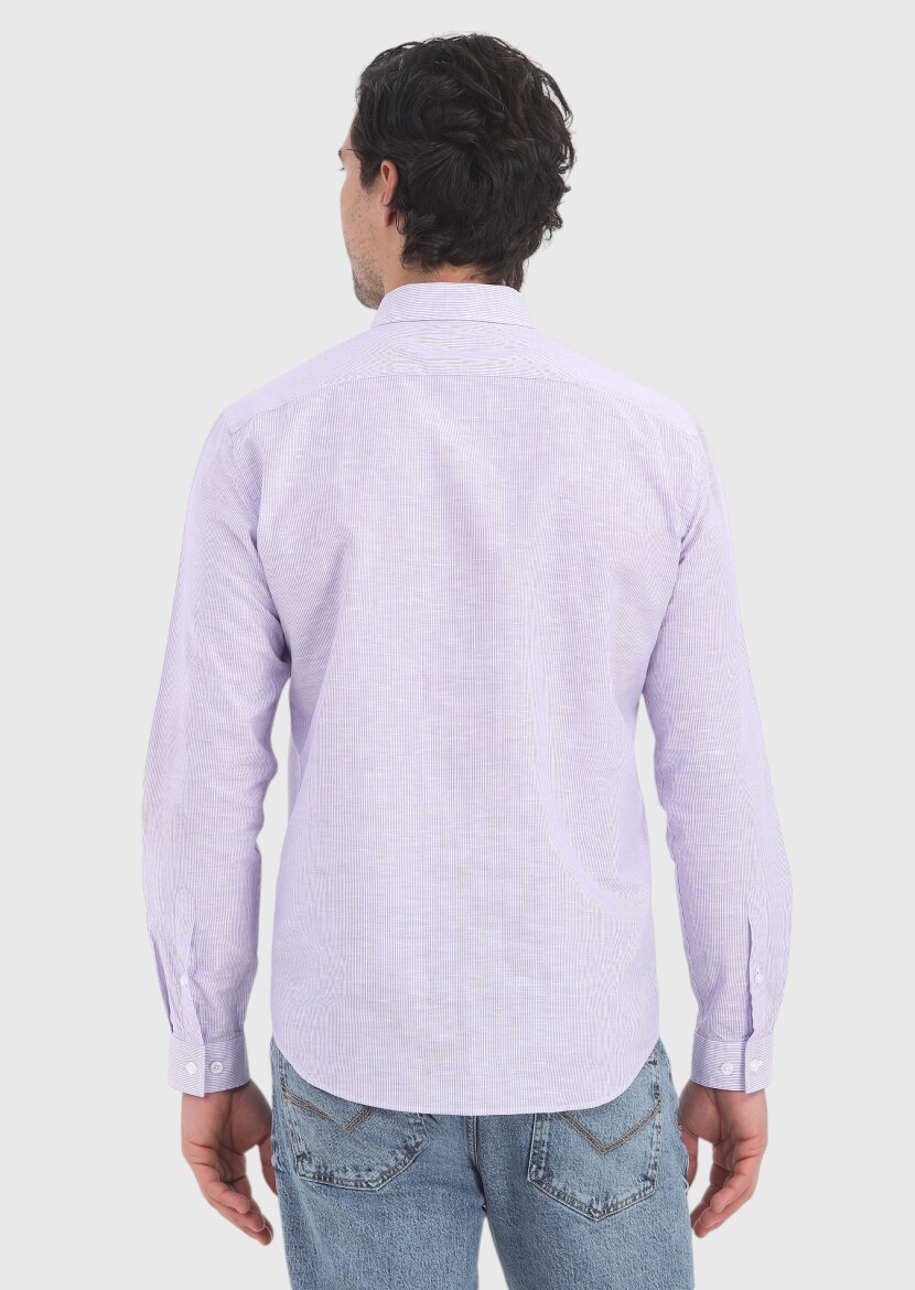 Purple Striped Regular Fit Long Weaving Casual Cotton Blended Shirt - 4