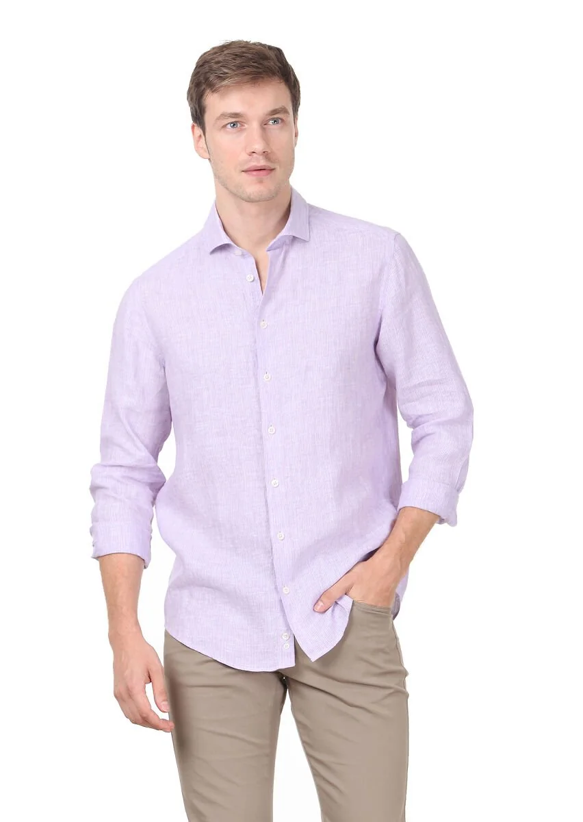 Purple Striped Regular Fit Weaving Casual 100% Cotton Shirt - 1