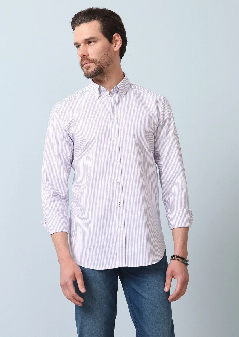 Purple Striped Regular Fit Weaving Casual 100% Cotton Shirt - 3