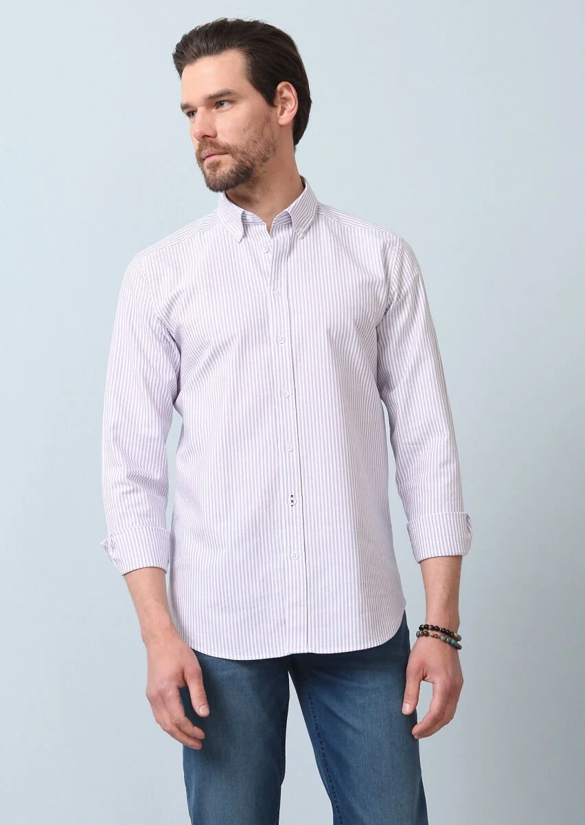 Purple Striped Regular Fit Weaving Casual 100% Cotton Shirt - 3