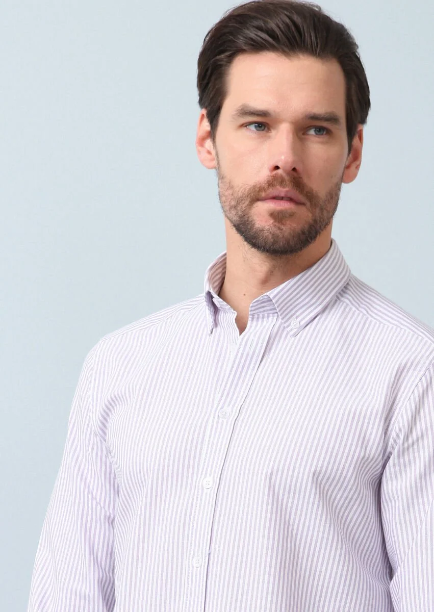 Purple Striped Regular Fit Weaving Casual 100% Cotton Shirt - 4