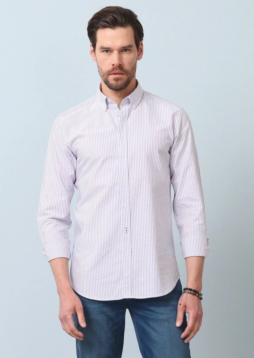 Purple Striped Regular Fit Weaving Casual 100% Cotton Shirt - 5