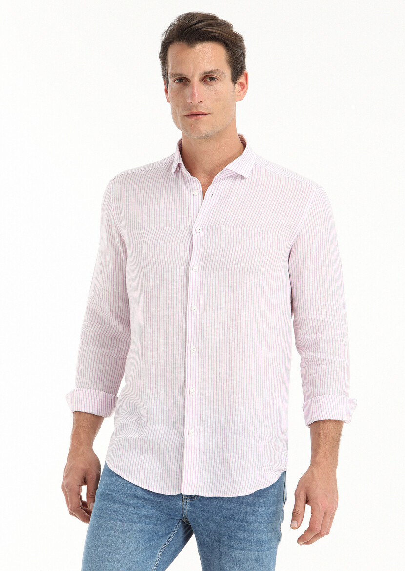 Purple Striped Regular Fit Weaving Casual 100% Linen Shirt - 3