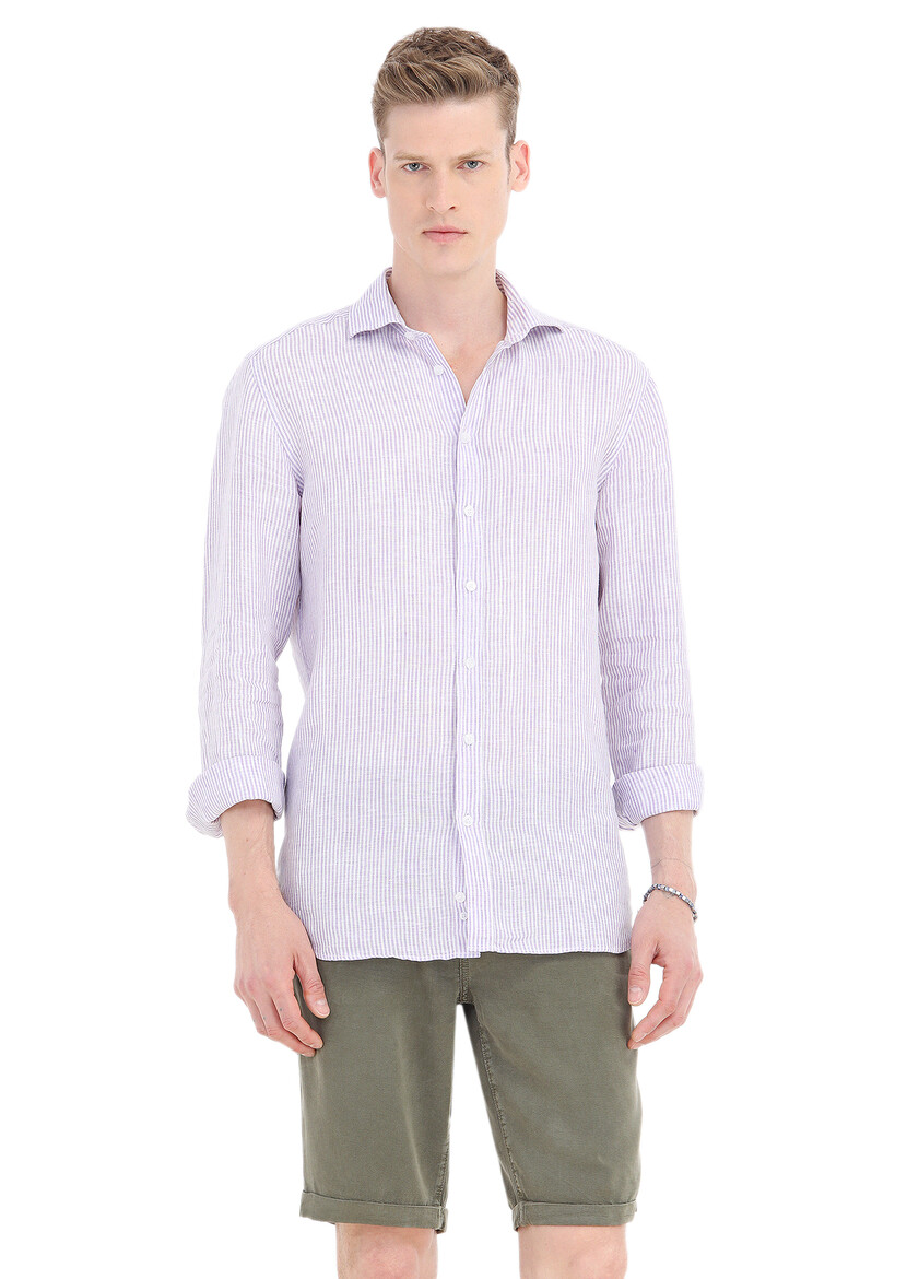 Purple Striped Regular Fit Weaving Casual 100% Linen Shirt - 2