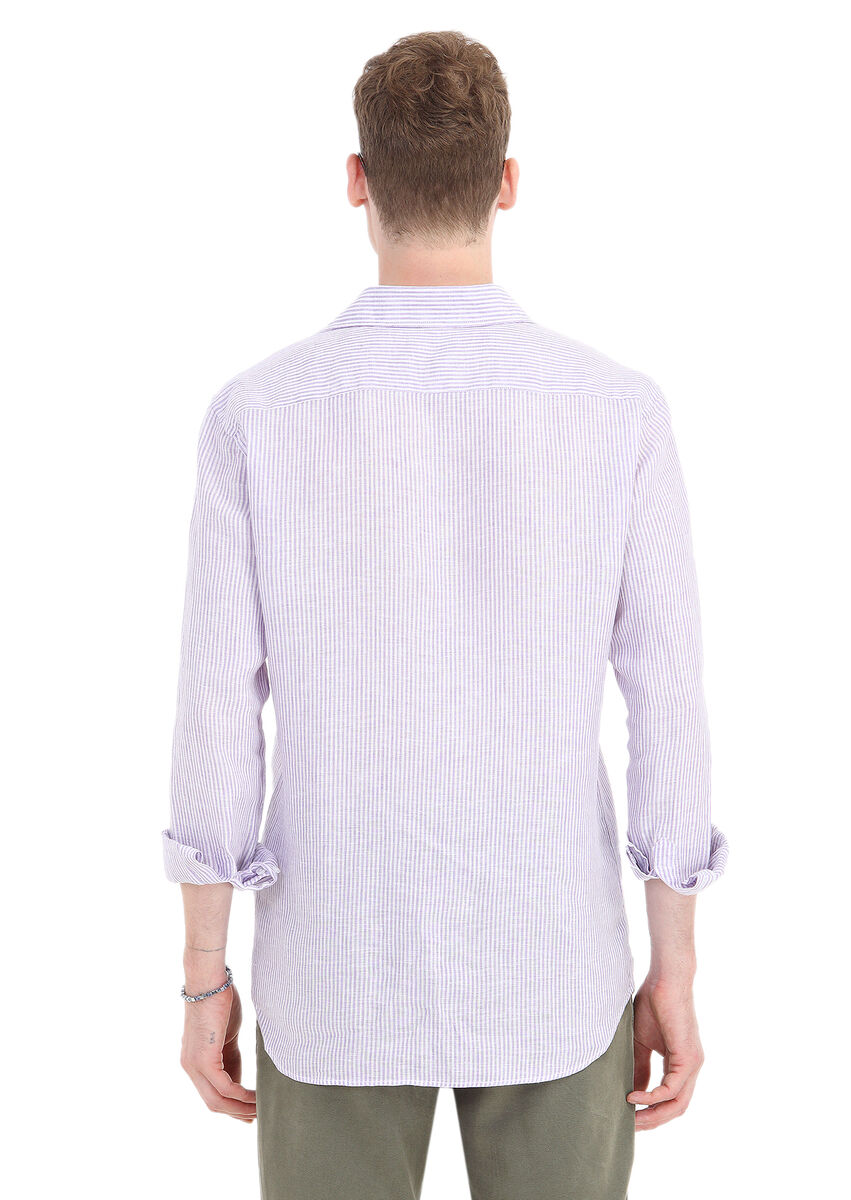 Purple Striped Regular Fit Weaving Casual 100% Linen Shirt - 4