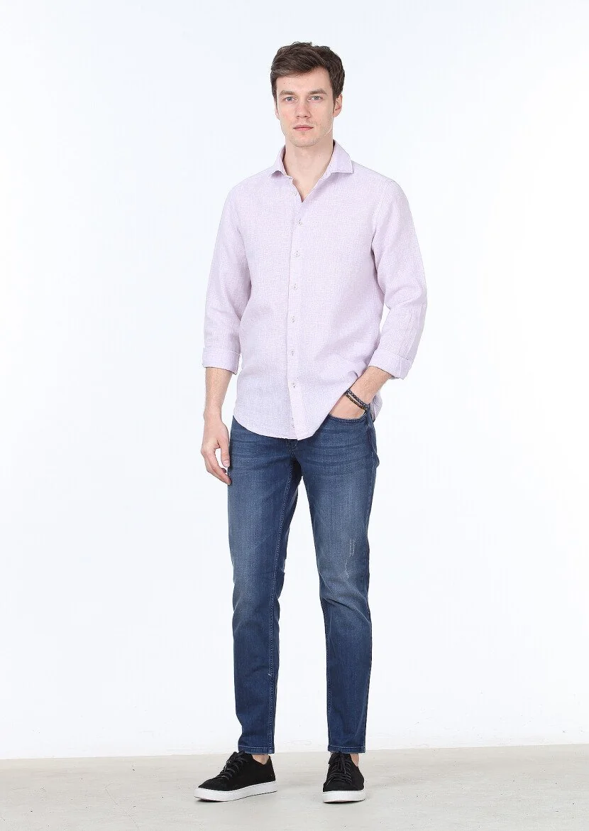 Purple Striped Regular Fit Weaving Casual Cotton Blended Shirt 