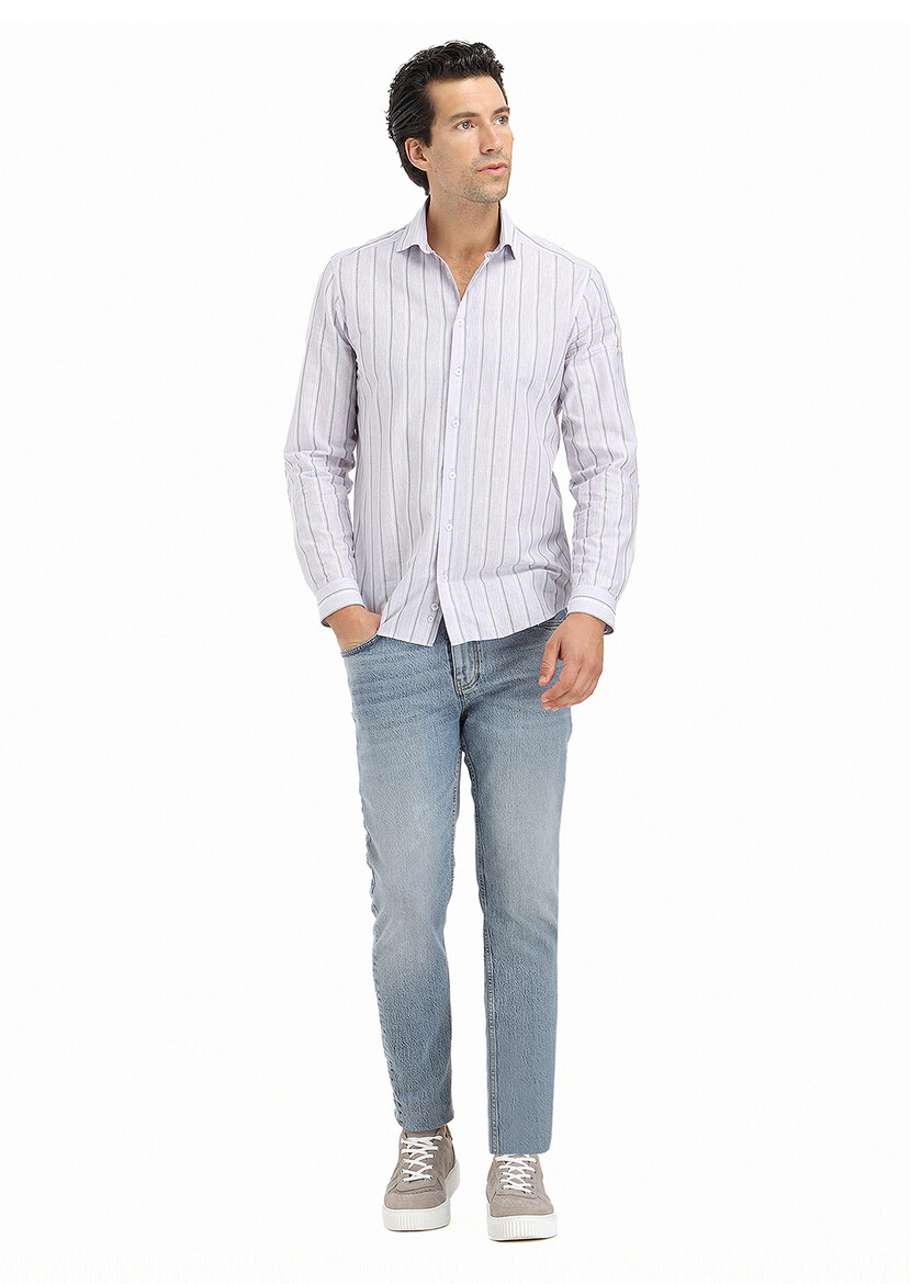 Purple Striped Regular Fit Weaving Casual Cotton Blended Shirt - 1