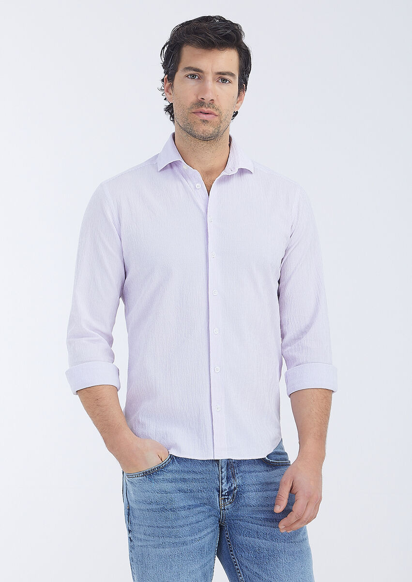 Purple Striped Regular Fit Weaving Casual Cotton Blended Shirt - 2