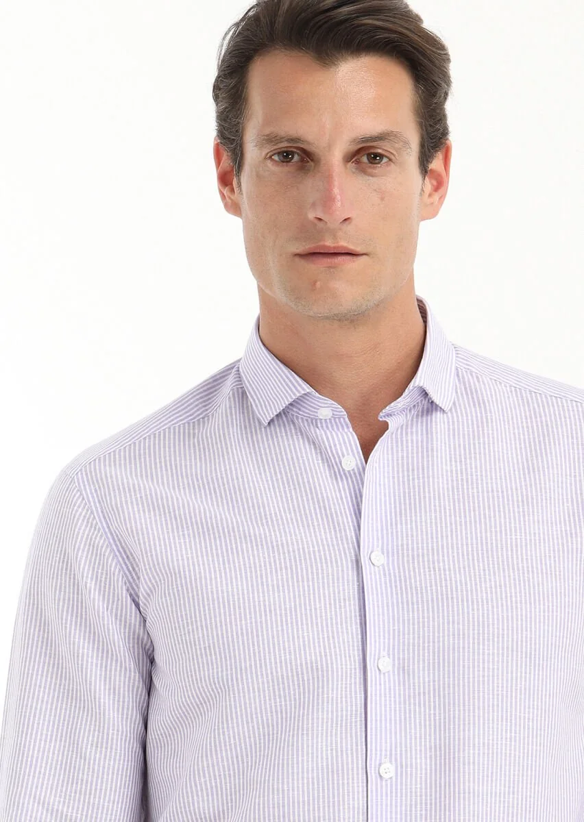 Purple Striped Regular Fit Weaving Casual Cotton Blended Shirt - 2