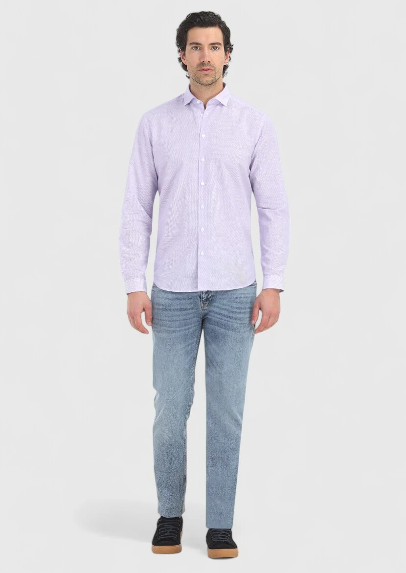 Purple Striped Regular Fit Weaving Casual Cotton Blended Shirt - 1