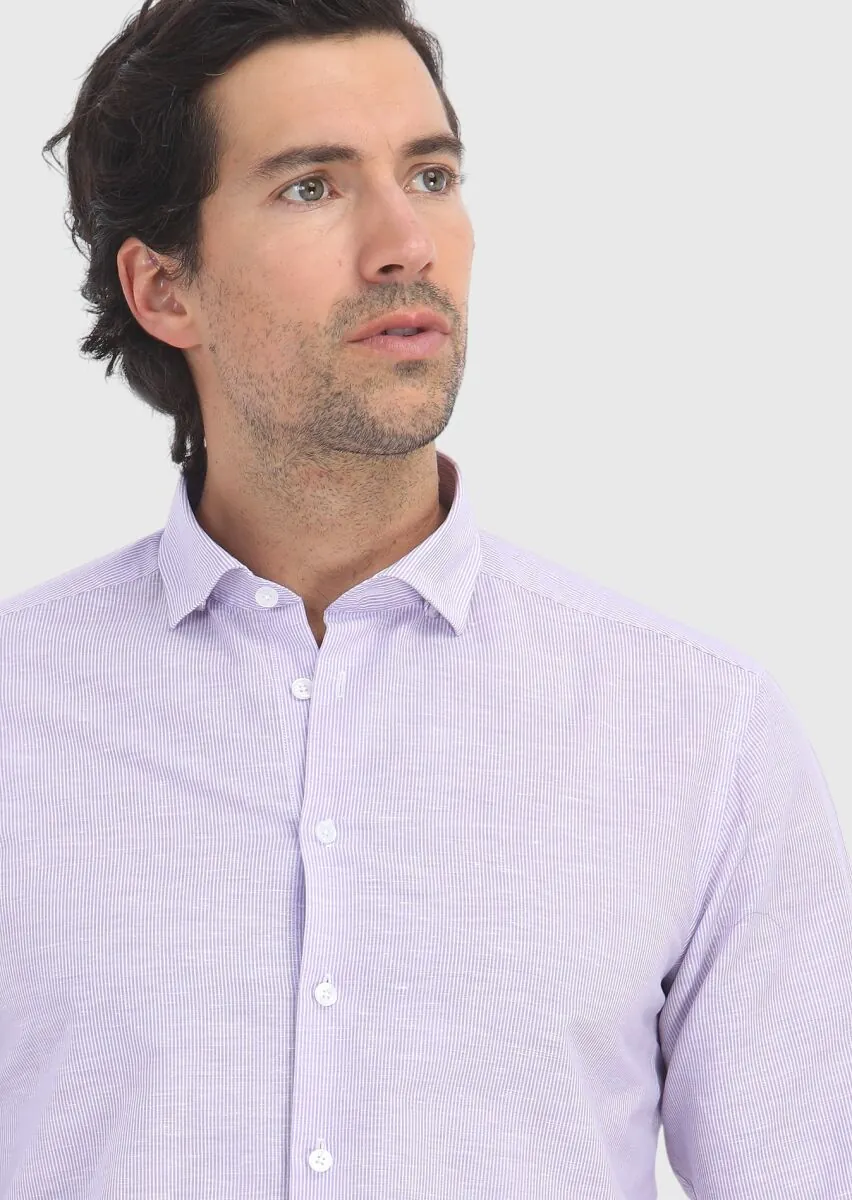 Purple Striped Regular Fit Weaving Casual Cotton Blended Shirt - 3