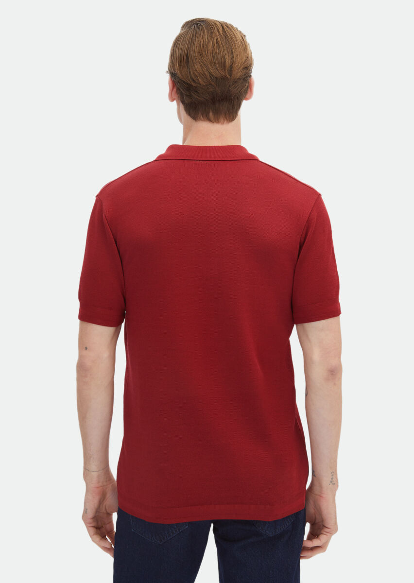 Red Jacquard Polo Neck 100% Cotton T-Shirt - 6