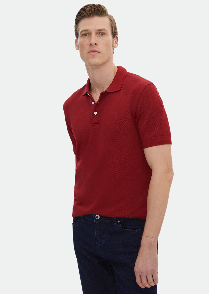 Red Jacquard Polo Neck 100% Cotton T-Shirt 