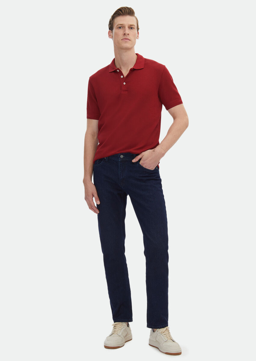 Red Jacquard Polo Neck 100% Cotton T-Shirt - 2