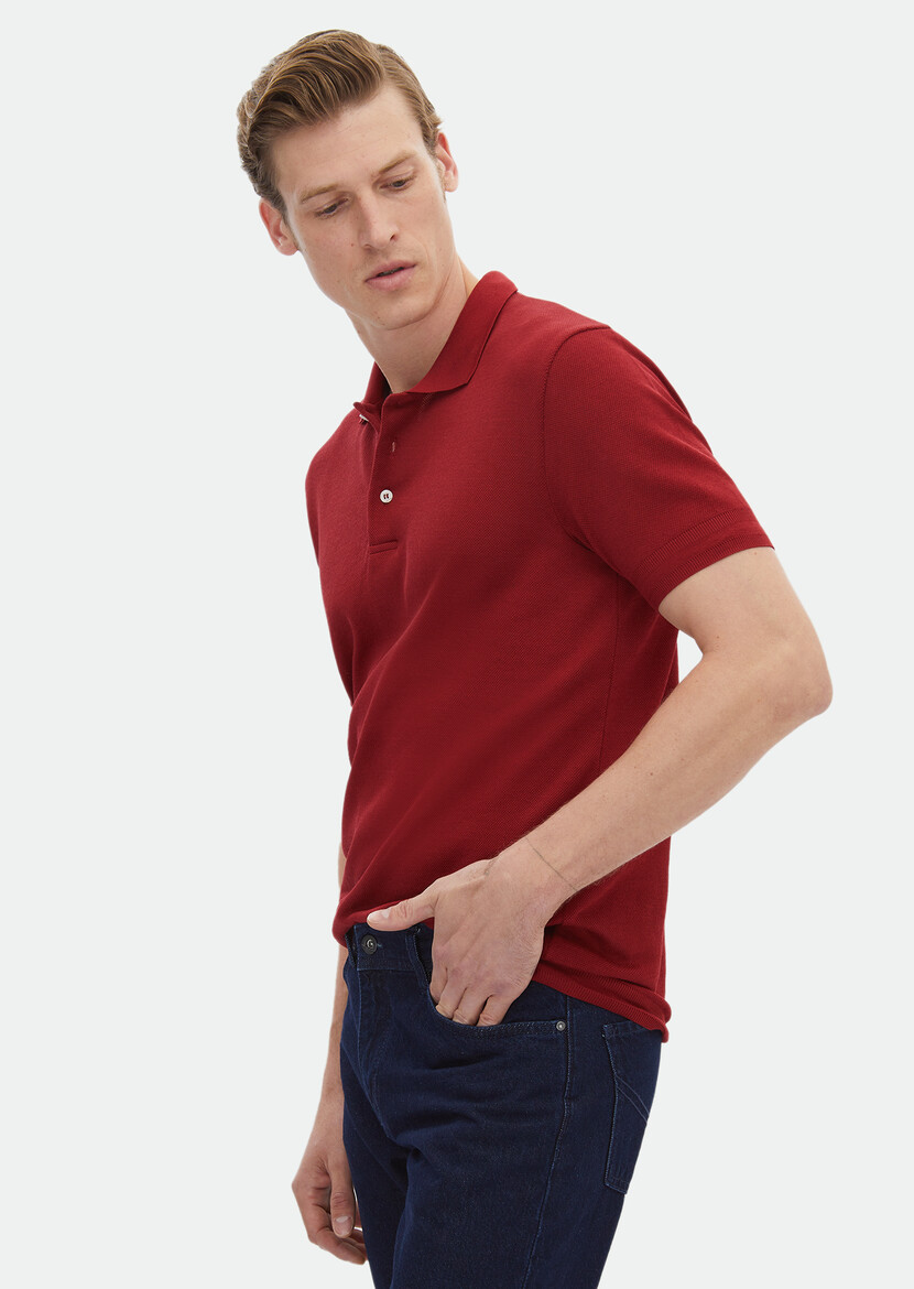 Red Jacquard Polo Neck 100% Cotton T-Shirt - 3