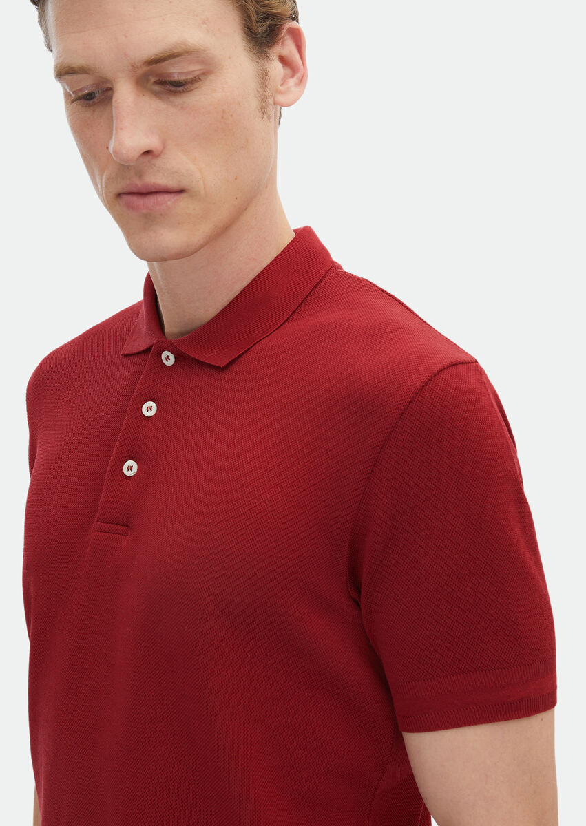 Red Jacquard Polo Neck 100% Cotton T-Shirt - 4