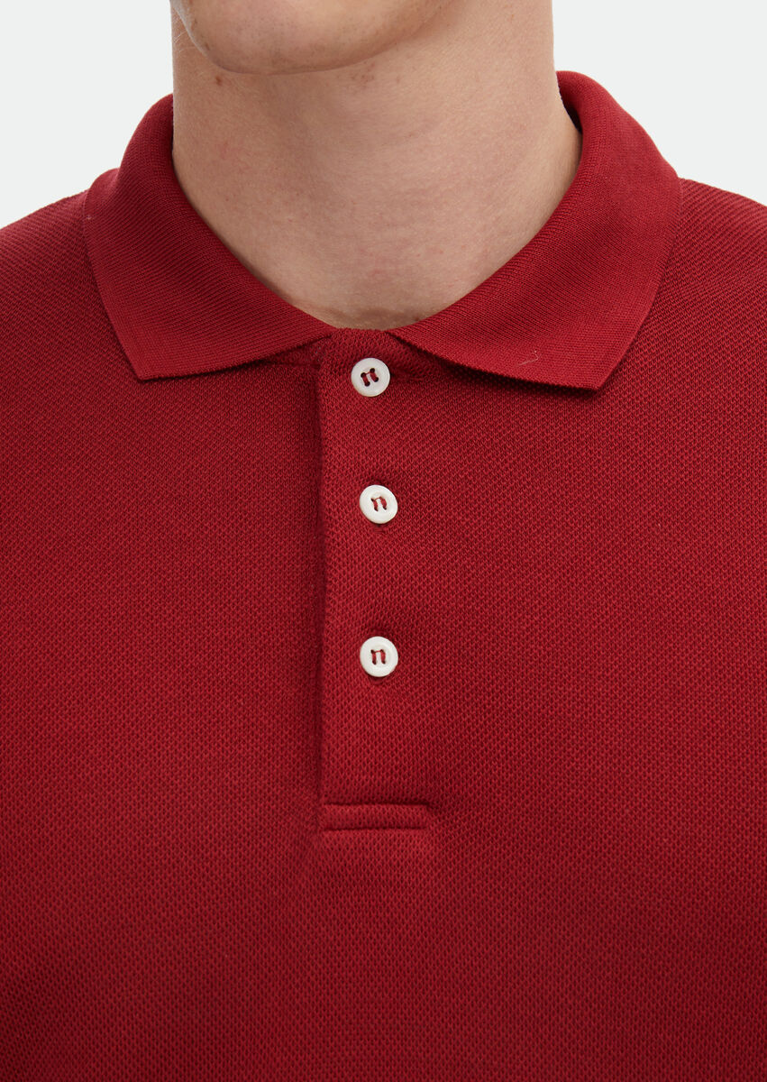 Red Jacquard Polo Neck 100% Cotton T-Shirt - 5