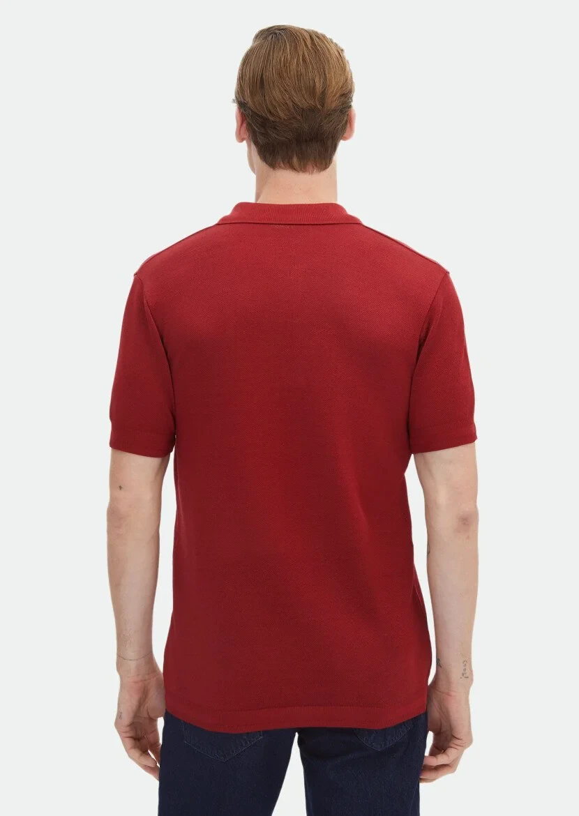 Red Jacquard Polo Neck 100% Cotton T-Shirt - 6