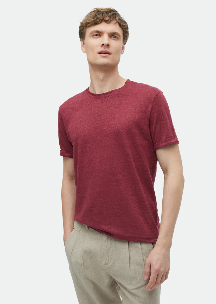 Red Plain Crew Neck 100% Linen T-Shirt 