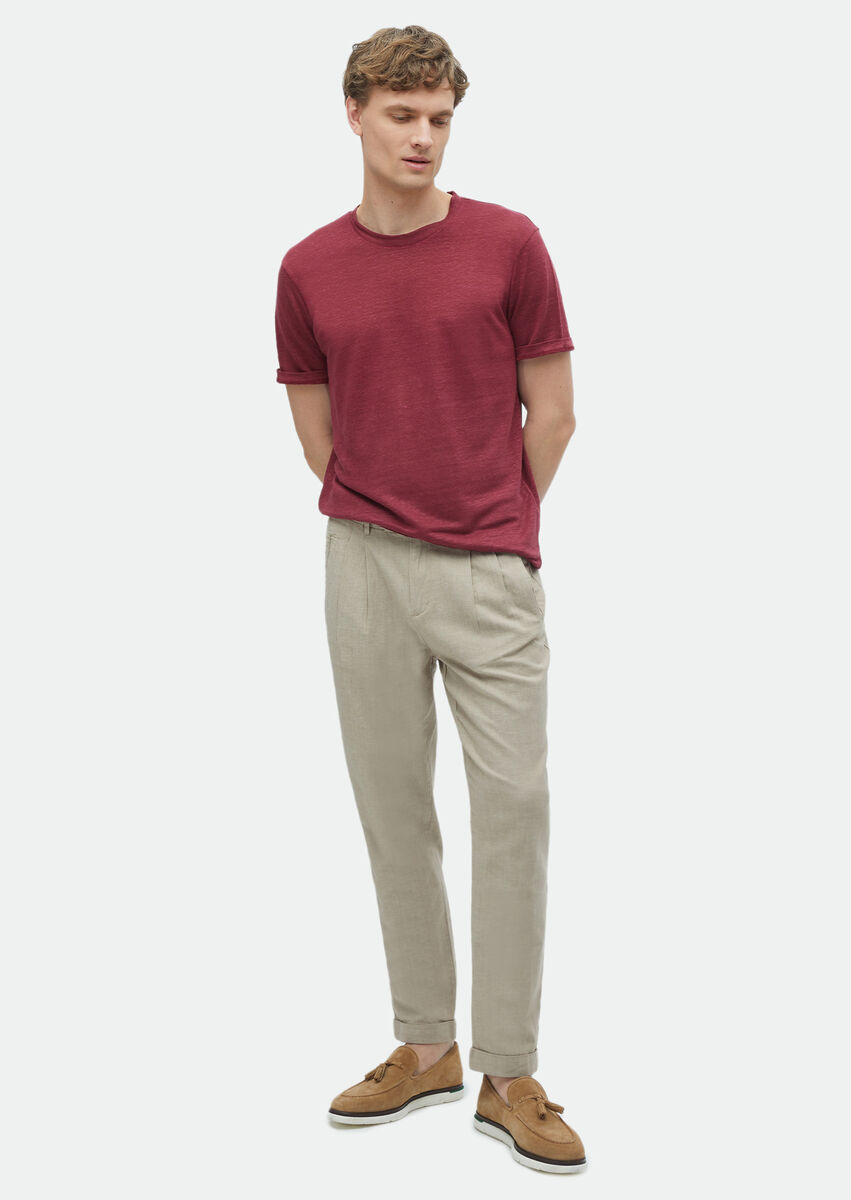 Red Plain Crew Neck 100% Linen T-Shirt - 2