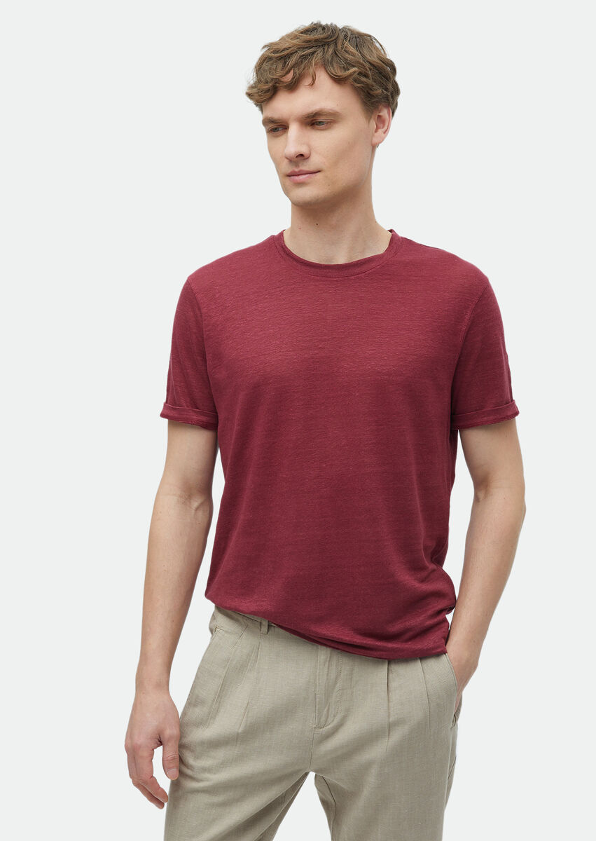 Red Plain Crew Neck 100% Linen T-Shirt - 3