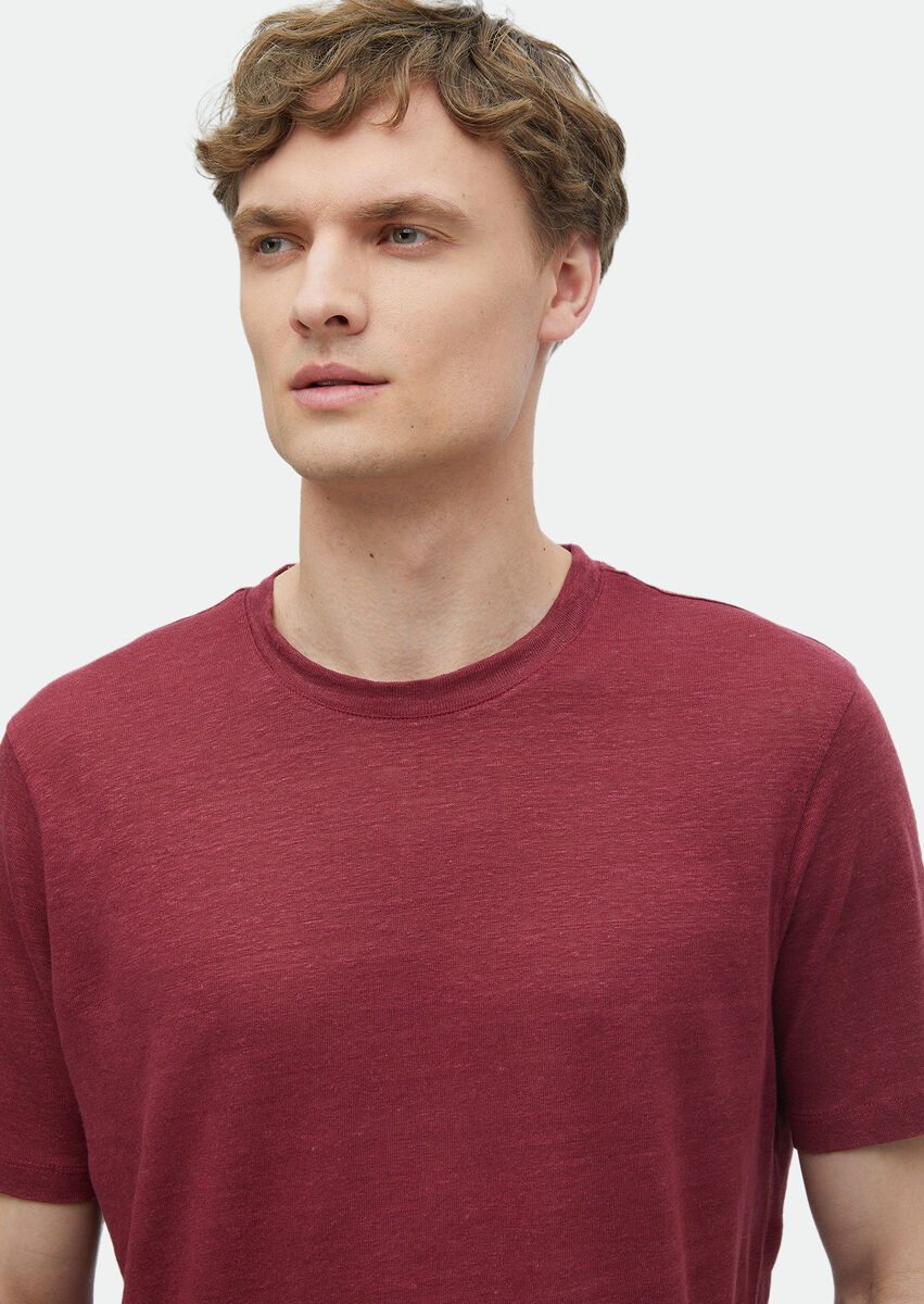 Red Plain Crew Neck 100% Linen T-Shirt - 4