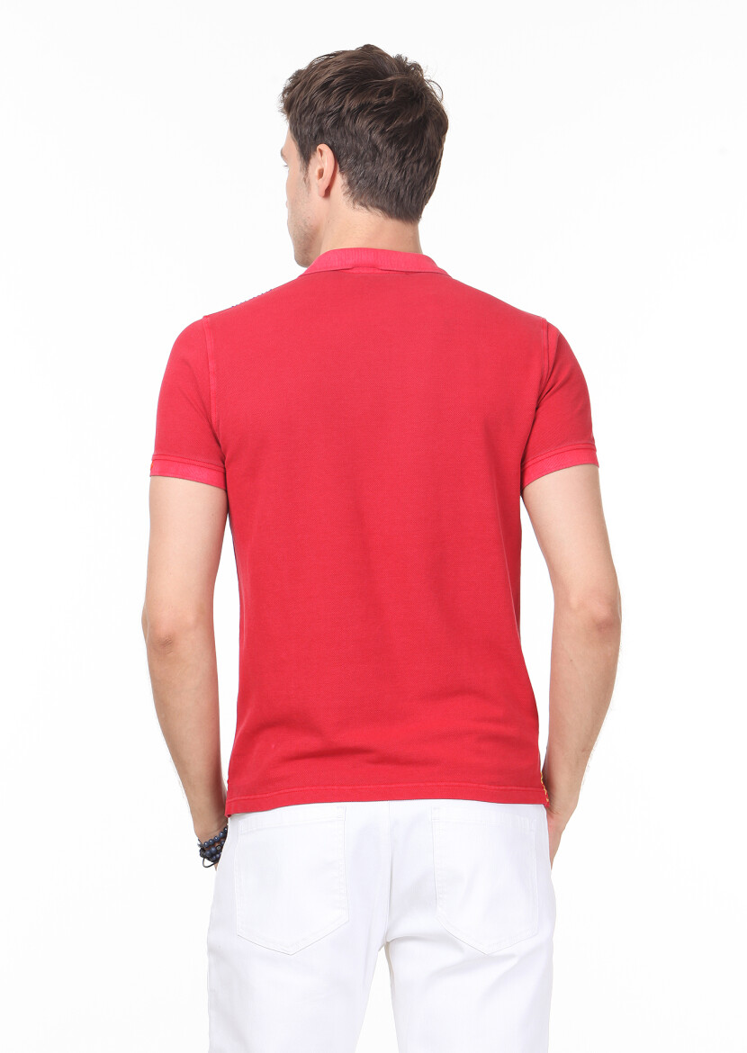 Red Plain Polo Neck 100% Cotton T-Shirt - 4