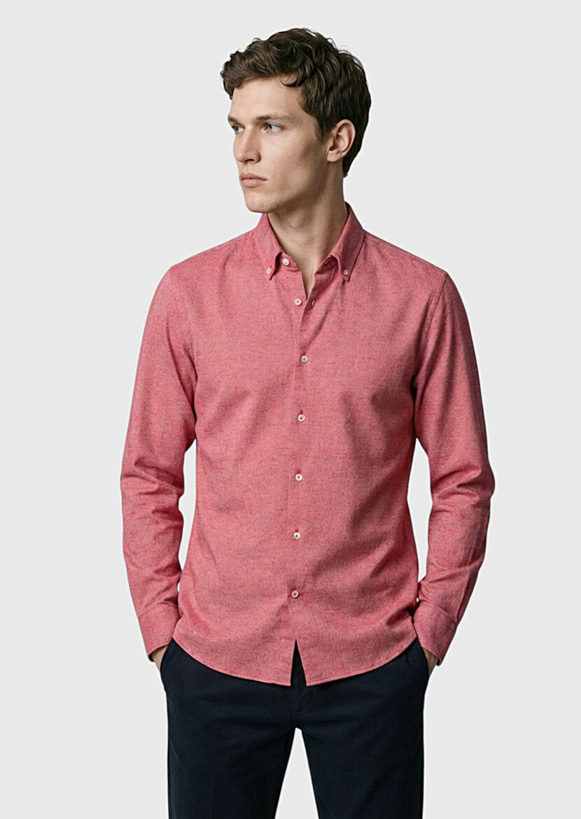 Red Plain Regular Fit Long Weaving Casual 100% Cotton Shirt - 3