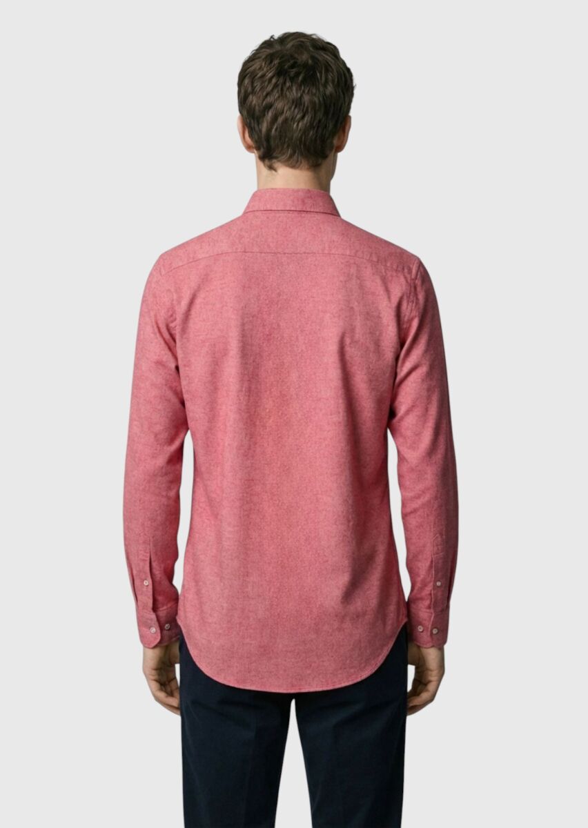 Red Plain Regular Fit Long Weaving Casual 100% Cotton Shirt - 4