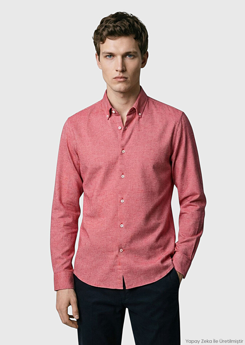 Red Plain Regular Fit Long Weaving Casual 100% Cotton Shirt - RAMSEY