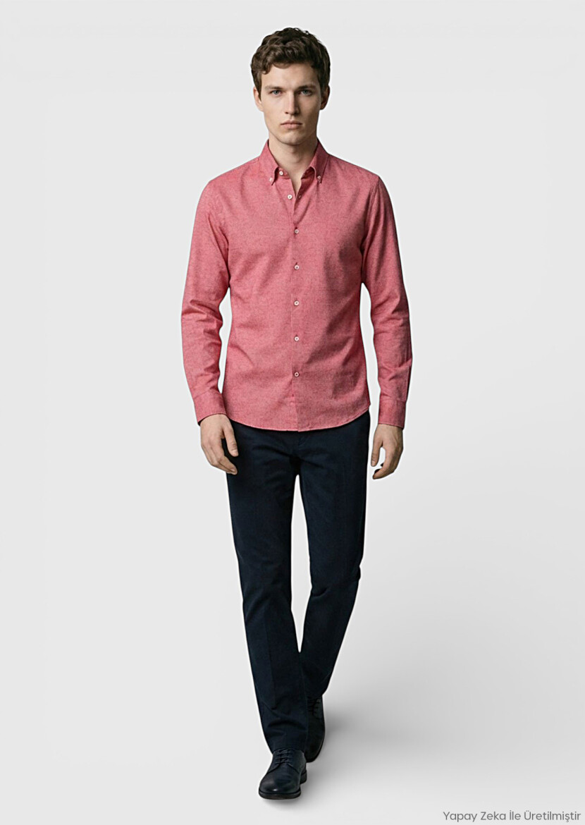 Red Plain Regular Fit Long Weaving Casual 100% Cotton Shirt - RAMSEY