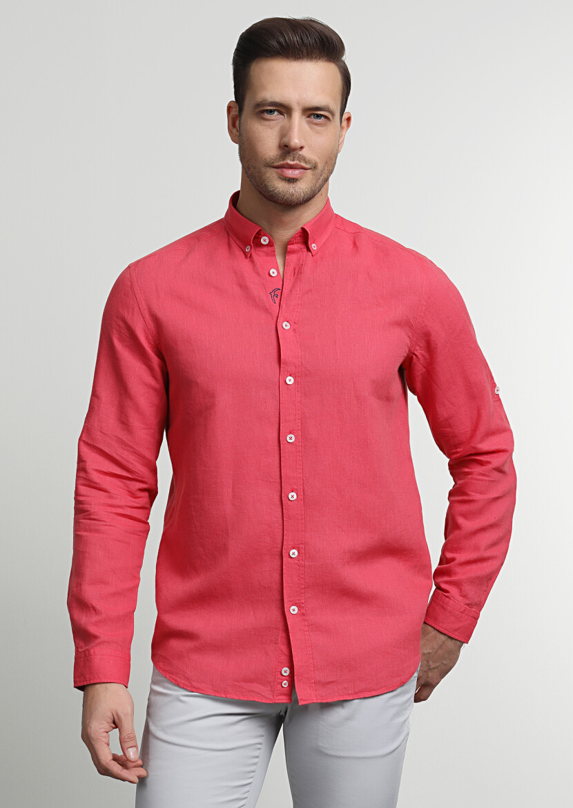 Red Plain Regular Fit Long Weaving Casual Cotton Blended Shirt - 3