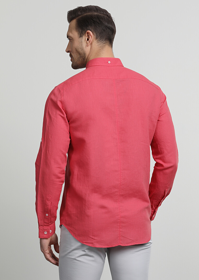 Red Plain Regular Fit Long Weaving Casual Cotton Blended Shirt - 4
