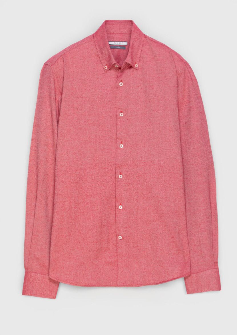 Red Plain Regular Fit Weaving Casual 100% Cotton Shirt - 5